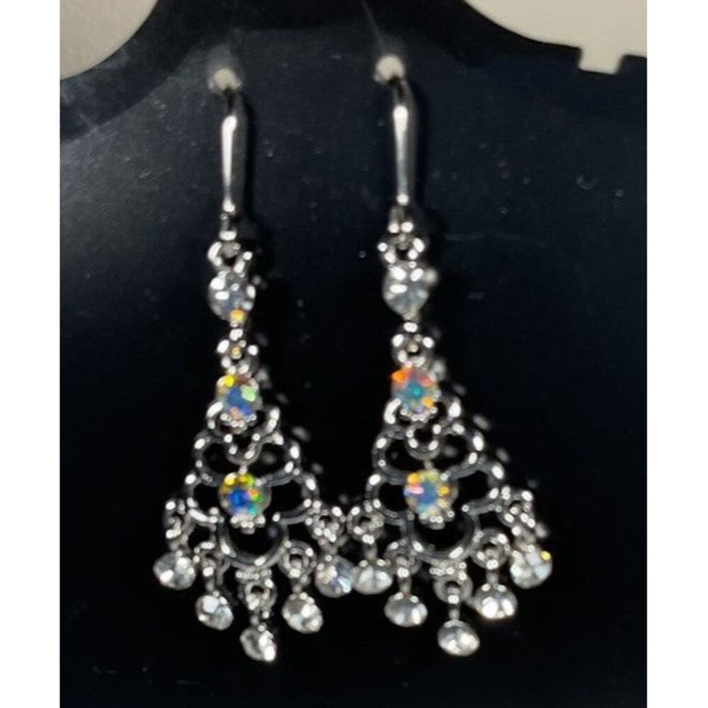AB Crystal Beaded Silver Tone Filigree Crystal Light Dangle Statement Earrings